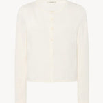 A long-sleeved white cotton button-down sweater displayed frontside on a clean white background, without a model
