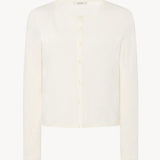A long-sleeved white cotton button-down sweater displayed frontside on a clean white background, without a model