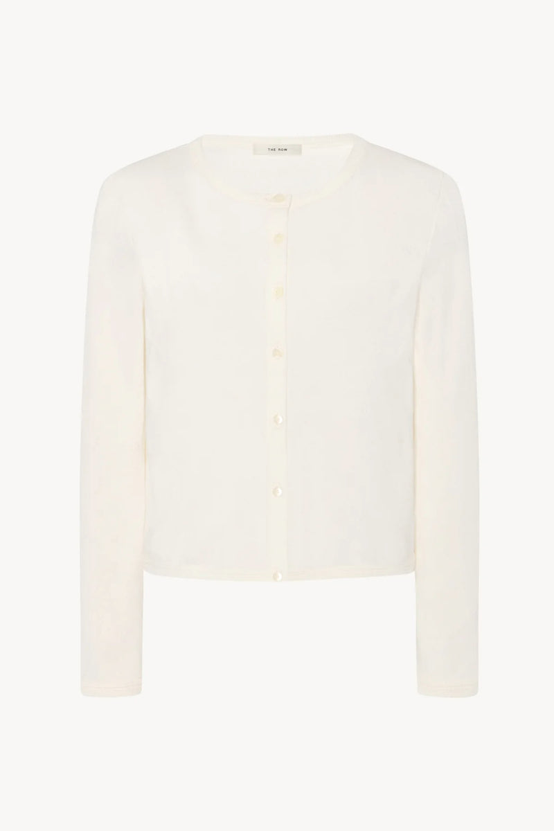 A long-sleeved white cotton button-down sweater displayed frontside on a clean white background, without a model