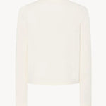 A long-sleeved white cotton button-down sweater is displayed from the back against a plain white background, without a model.