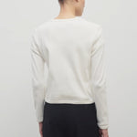 A dark brown-haired model is featured wearing a long-sleeved white cotton button-down sweater paired with black trousers. The viewpoint is from the back, and the background is a plain white backdrop.