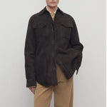 Front view of dark brown gwena jacket on model wearing khaki pants, against a white background.