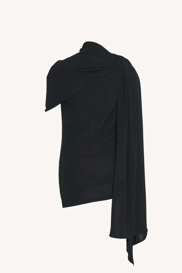 Back view of black isadra top on white background, with no model shown.