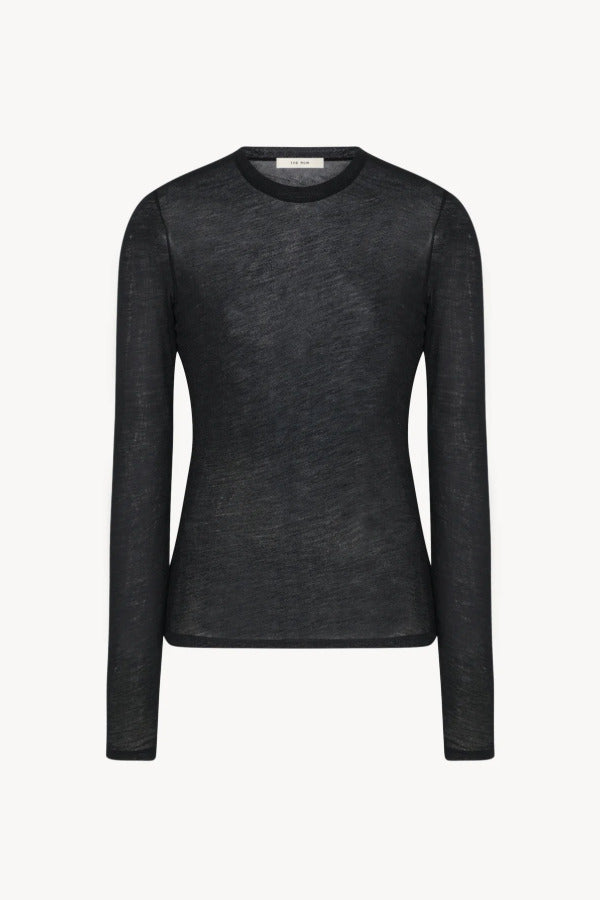 Front view of black iverness top on white background, with no model shown.