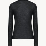 Back view of black iverness top on white background, with no model shown.
