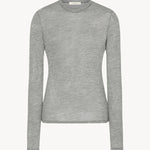 Front view of grey melange iverness top on white background, with no model shown.