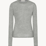 Front view of grey melange iverness top on white background, with no model shown.