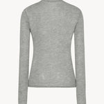 Back view of grey melange iverness top on white background, with no model shown.