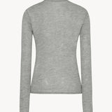 Back view of grey melange iverness top on white background, with no model shown.