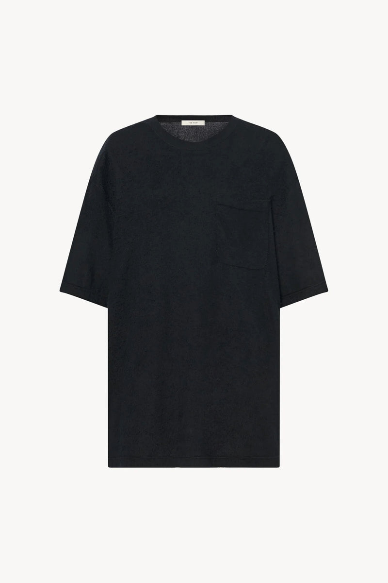 A black short-sleeve cotton t-shirt is displayed on a plain white background, backside viewpoint without a model present.