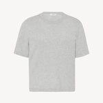 Short-sleeved grey melange cotton t-shirt, front view over white backdrop, shown without model.