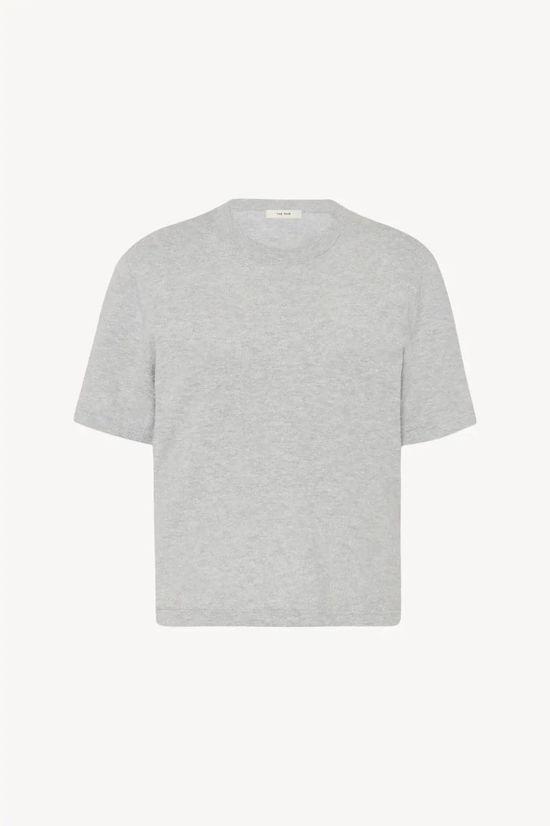 Short-sleeved grey melange cotton t-shirt, front view over white backdrop, shown without model.