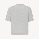 Back view of a short-sleeved grey melange cotton t-shirt over a white backdrop, shown without model.