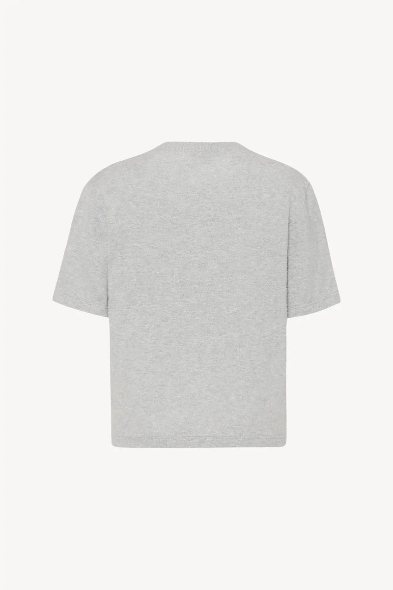 Back view of a short-sleeved grey melange cotton t-shirt over a white backdrop, shown without model.