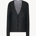 A black long sleeve knit cardigan with button down closure is pictured frontside against a white backdrop