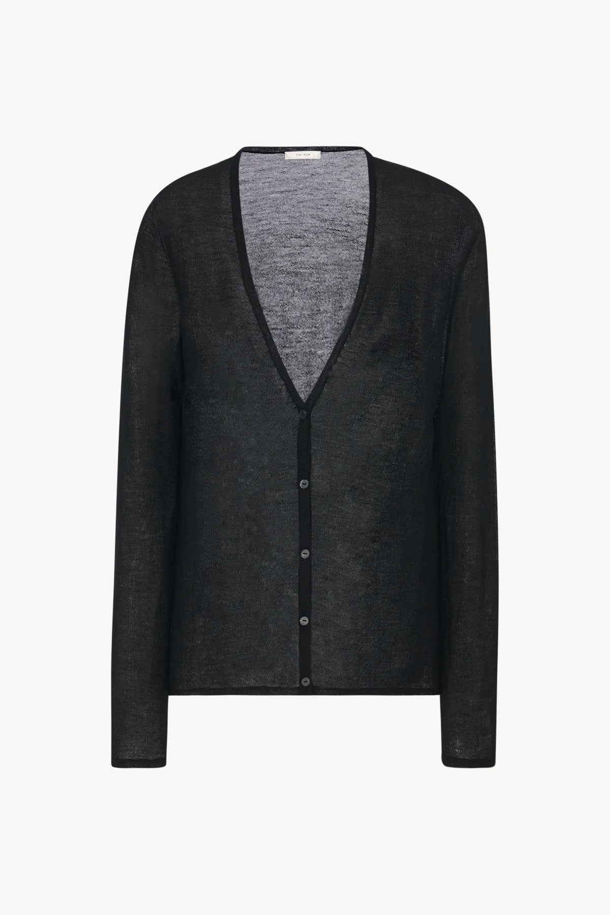 A black long sleeve knit cardigan with button down closure is pictured frontside against a white backdrop