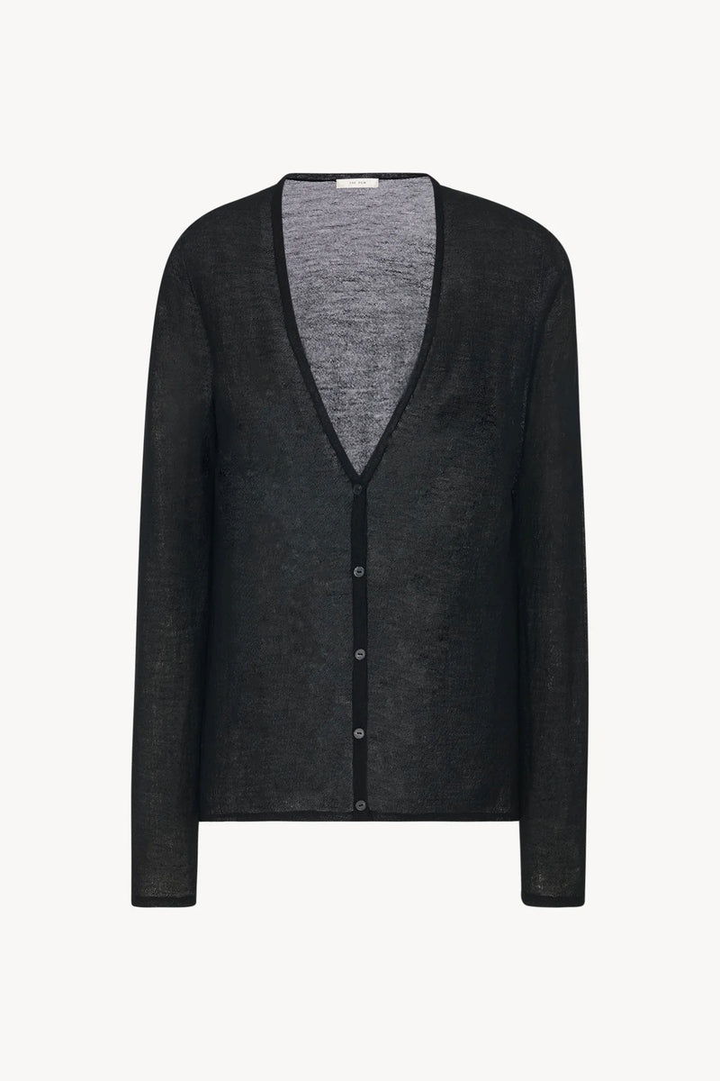 A black long sleeve knit cardigan with button down closure is pictured frontside against a white backdrop