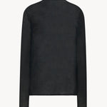 A black long sleeve knit cardigan with button down closure is shown backside against a white backdrop.