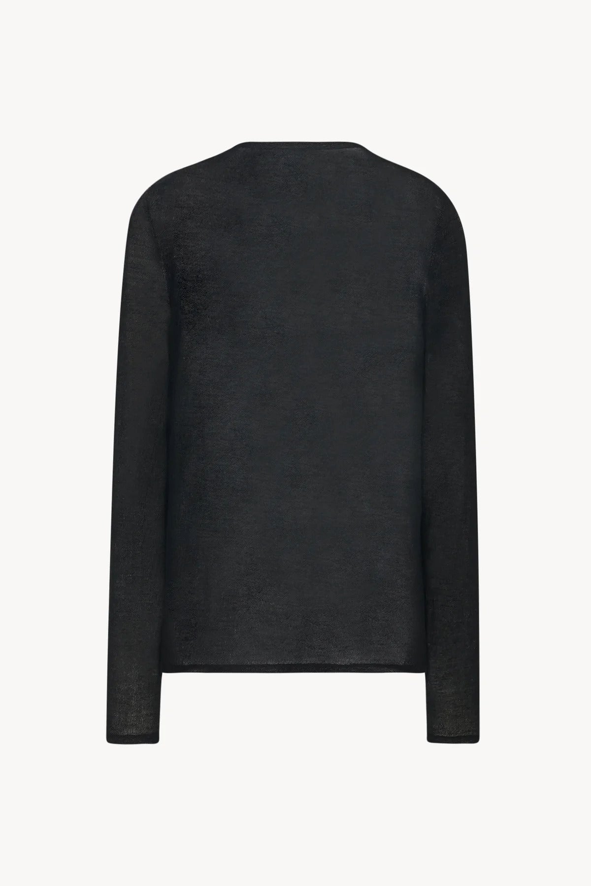 A black long sleeve knit cardigan with button down closure is shown backside against a white backdrop.