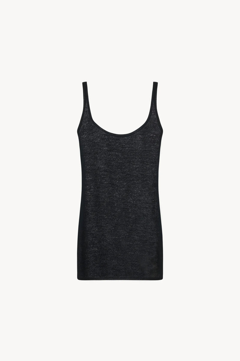 A black knit tank top is shown backside without model.
