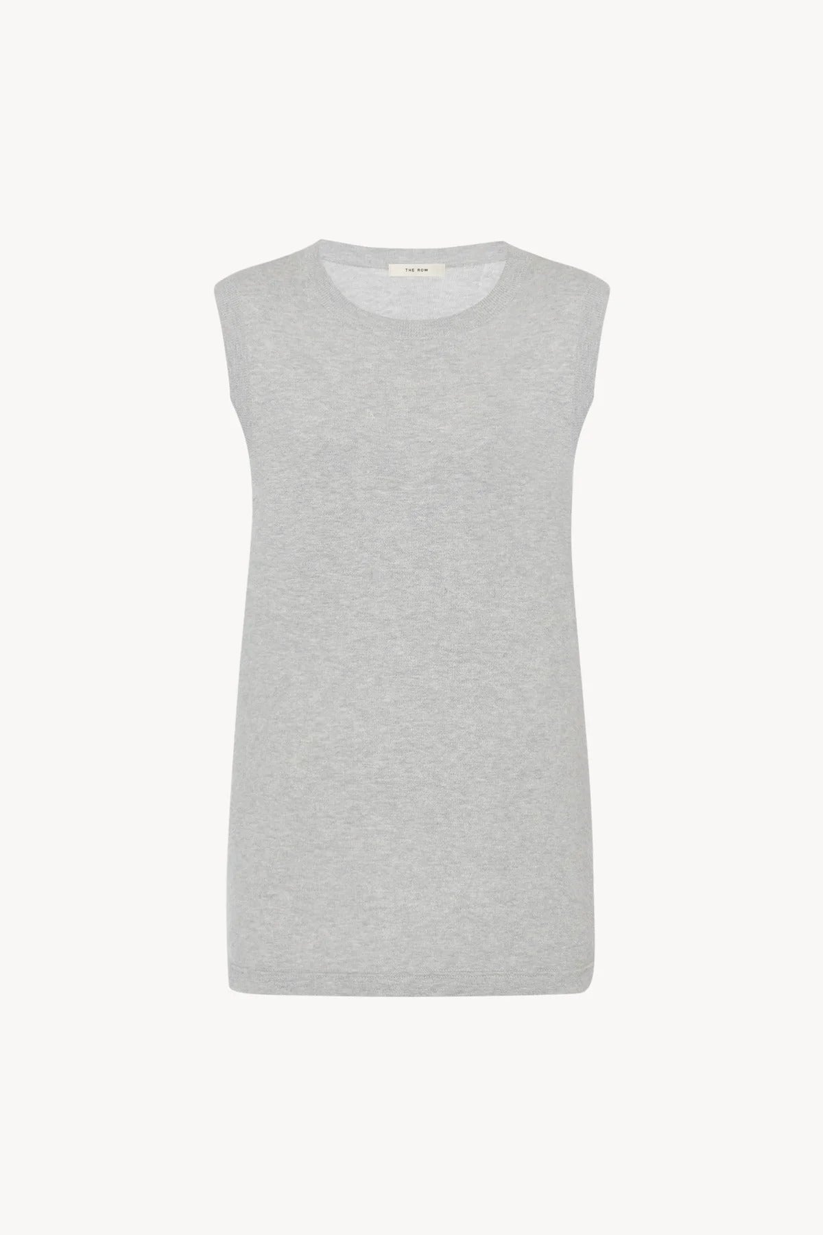 Sleeveless Cashmere knit grey melange Top shown frontside on white backdrop without model.