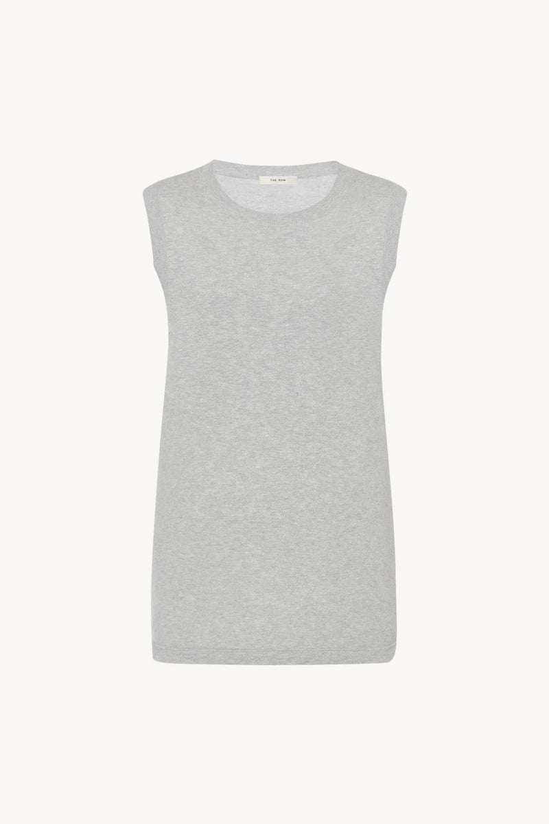 Sleeveless Cashmere knit grey melange Top shown frontside on white backdrop without model.