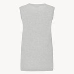 Sleeveless knit top in grey melange, shown backside on white backdrop without model