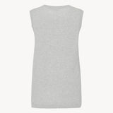 Sleeveless knit top in grey melange, shown backside on white backdrop without model