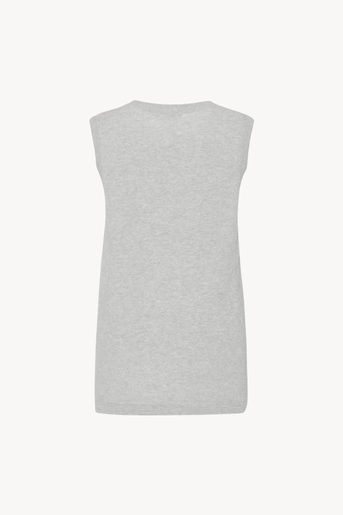 Sleeveless knit top in grey melange, shown backside on white backdrop without model