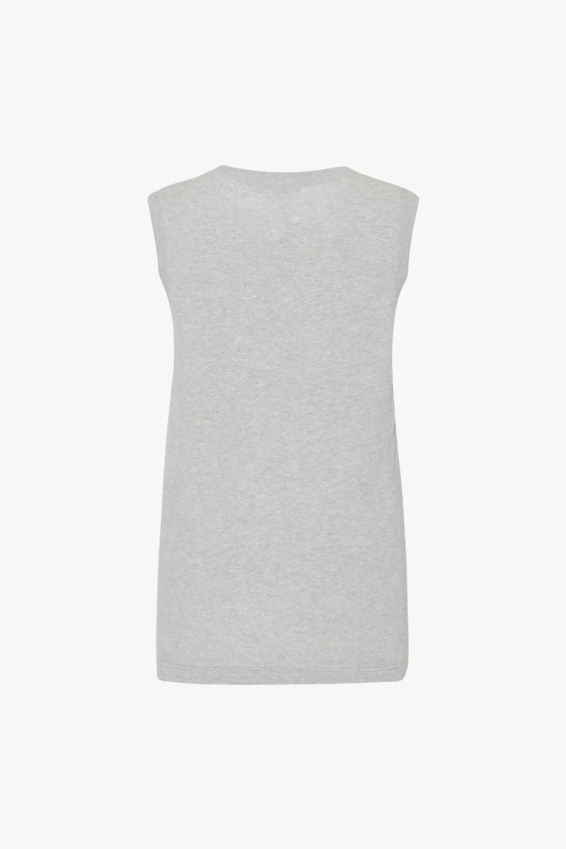 Sleeveless knit top in grey melange, shown backside on white backdrop without model