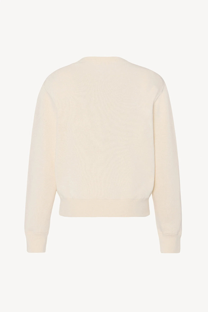 Back view of a long-sleeved crew neck white cotton sweatshirt, pictured on a plain white background with no model present.