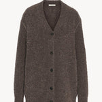Front view of taupe laleh cardigan on white background, with no model shown.