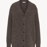 Front view of taupe laleh cardigan on white background, with no model shown.