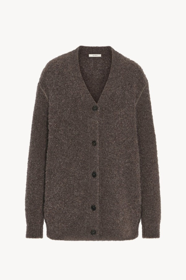 Front view of taupe laleh cardigan on white background, with no model shown.