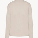 Back view of ash grey lan top on white background, with model shown.