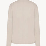 Back view of ash grey lan top on white background, with model shown.