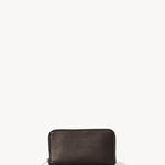 Front view of dark brown large zip wallet on white background, with no model shown.