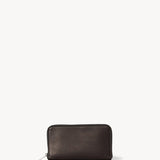 Front view of dark brown large zip wallet on white background, with no model shown.