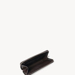 Zipper open view of dark brown of large zip wallet on white background with no model shown.