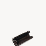 Zipper open view of dark brown of large zip wallet on white background with no model shown.
