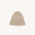 Front view of beige leomir beanie on white background, with no model shown.