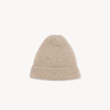 Front view of beige leomir beanie on white background, with no model shown.