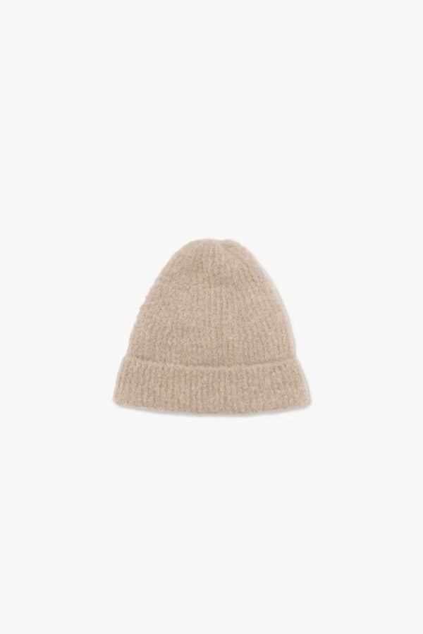 Front view of beige leomir beanie on white background, with no model shown.