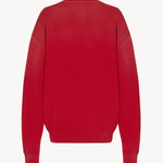 Back view of red leora sweatshirt on white background, with no model shown.