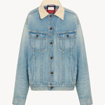 Front view of light denim collared jacket on white background, with no model shown