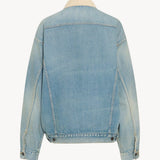 Back view of light denim collared jacket on white background, with no model shown.