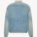 Back view of light indigo collared joret jacket on white background, with no model shown.