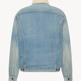 Back view of light indigo collared joret jacket on white background, with no model shown.