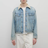 Front view of light indigo collared joret jacket on model wearing white trousers and white t-shirt, against a white background.
