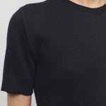 Front closeup view of black linnea sweater on model against a white background.